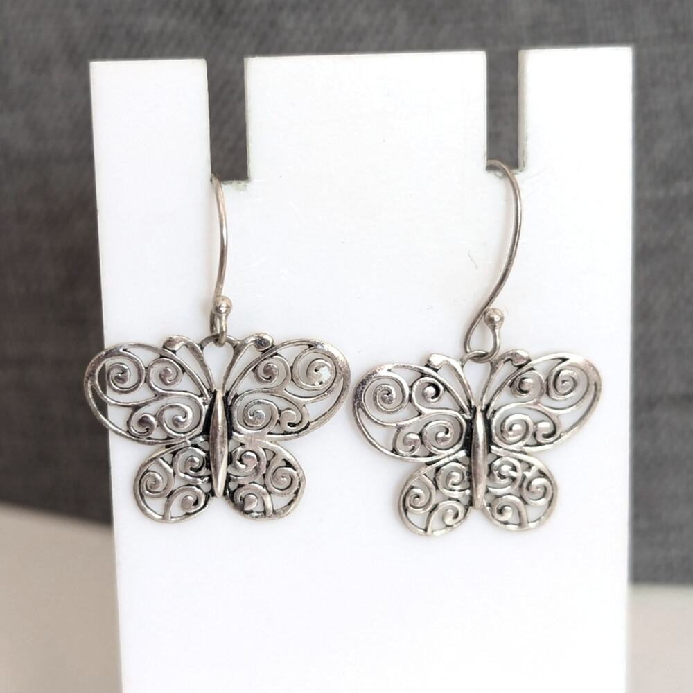 Vintage Y2K 925 Sterling Silver Scrolling Open Filigree Butterfly Hook Earrings